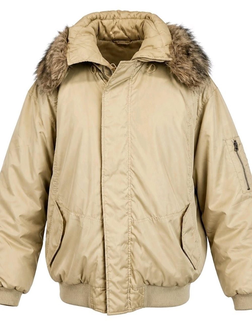 Tan Puffer Bomber Jacket with Faux Fur Hood